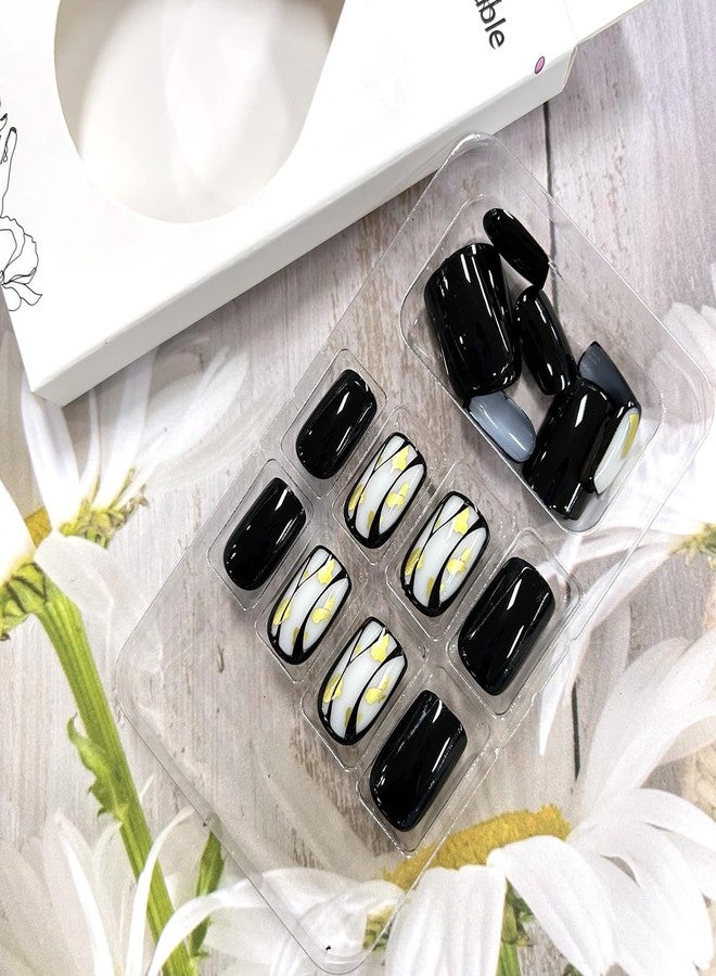 CJDLTS Black Press on Nails Short Square Gold Foil Design Full Cover Artificial Acrylic Coffin Reusable Glue on DIY Stick on for Women 24Pcs - Image 2